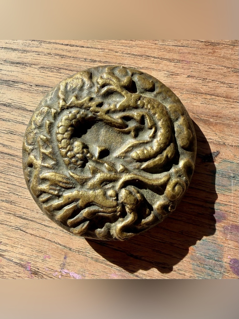 Vintage Solid Brass Dragon Belt Buckle Round Mystical Hippie 1970s Heavy Myth